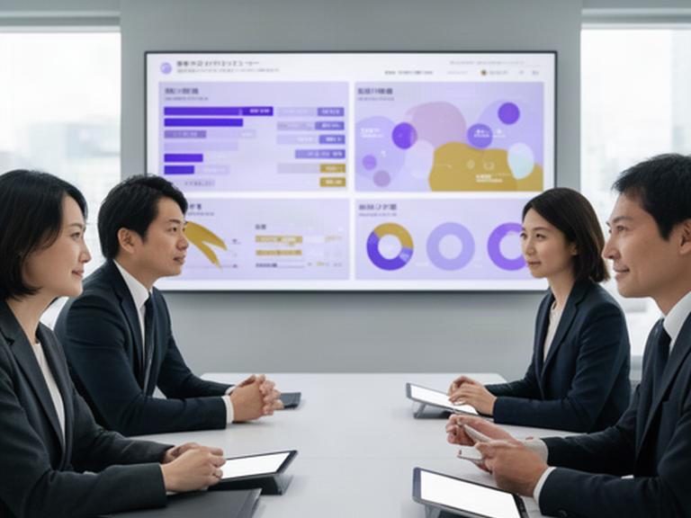 地域企業の経営会議で複数業種の指標を確認する担当者と大型ダッシュボード画面